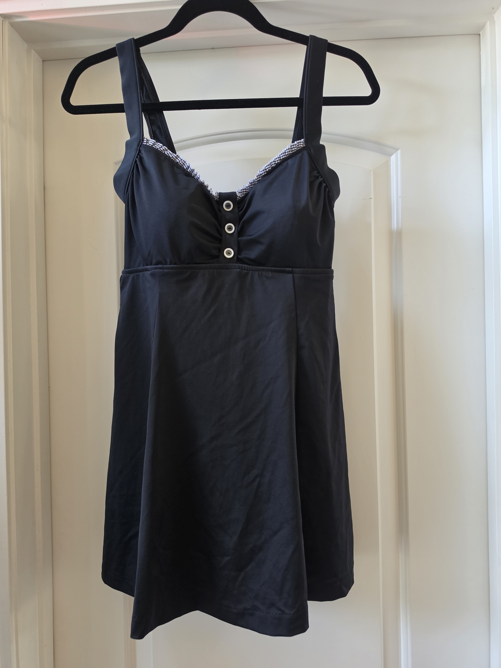 Women's Black Swimdress with Button Front and Contrast Trim